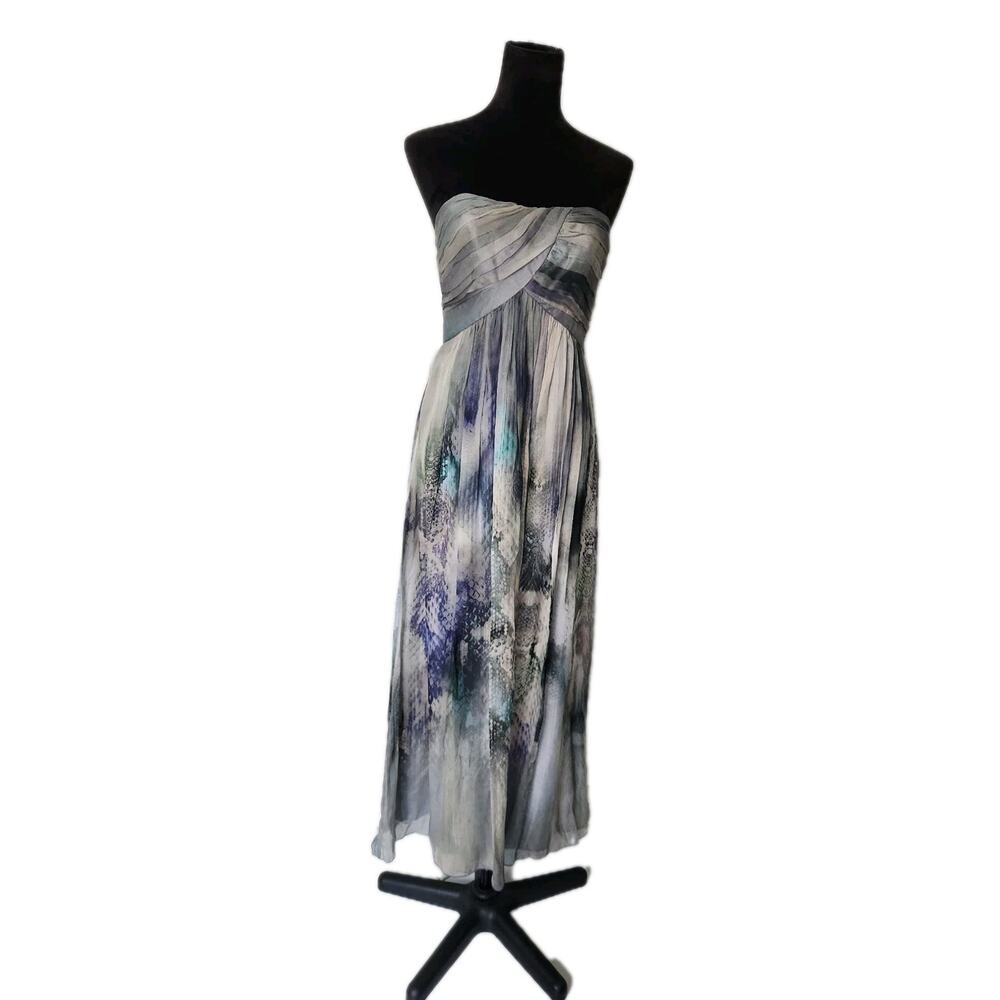 ABS Allen Schwartz 100% Silk Print Strapless Gown with V Plunge back Gray sz 4